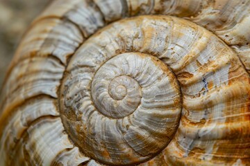 A macro perspective of a snail shell displaying the spiral architecture and the whitish-beige color pattern