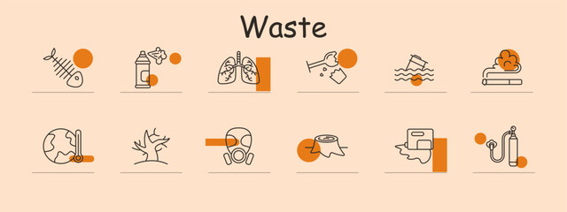 Waste set icon. Fishbone, spray can, lungs, broken glass, water pollution, smoking, globe, tree, gas mask, tree stump, oil spill, bottle. Pollution concept.