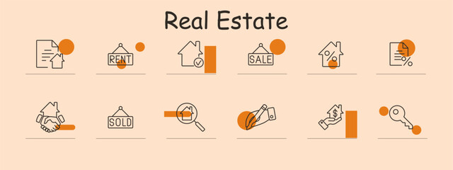 Real estate set icon. Document, rent sign, house for sale, mortgage, handshake, sold sign, house inspection, signature, payment, key. Property, housing, market, transaction concept.