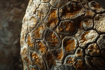 This image captures the detailed texture of fossilized dinosaur skin, highlighting its unique...