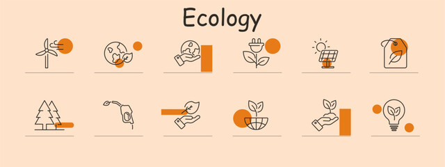 Ecology set icon. Wind turbine, earth, electric plug, plant, solar panel, tree, recycling, eco-friendly, sustainability, energy-saving, leaf. Environment, green, nature concept.