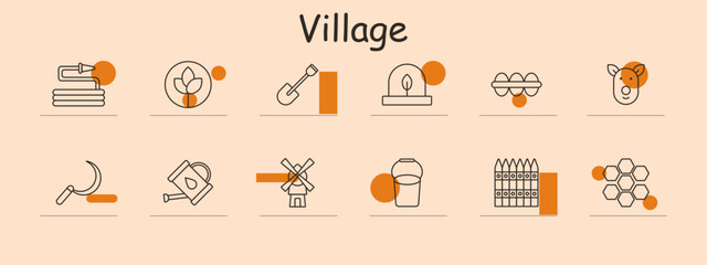 Village set icon. Well, plant, shovel, lamp, eggs, deer, sickle, watering can, windmill, bucket, fence, honeycomb. Rural, agriculture, countryside concept.