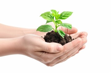 Hands holding young green plant isolated, young sprout in earth pile closeup, ecology, environmental protection