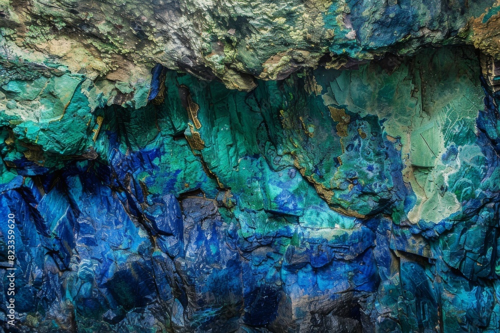 Poster a vibrant and colorful close-up image of the textured walls inside a cave with shades of blue and gr