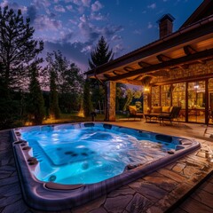 Hydromassage pool in private cottage. Illuminated hot tub pool with hydromassage, hydrotherapy