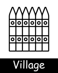 Village line icon. Fence, hose, shovel, sickle, watering can, mill, Windmill, rural community, countryside, agriculture, traditional village, farming, rural life, small town, landscape, pastoral.