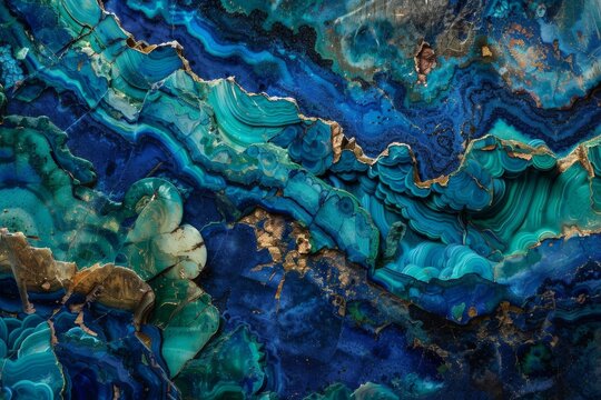 Stunning macro photography of azurite crystals blending with malachite revealing intricate layers