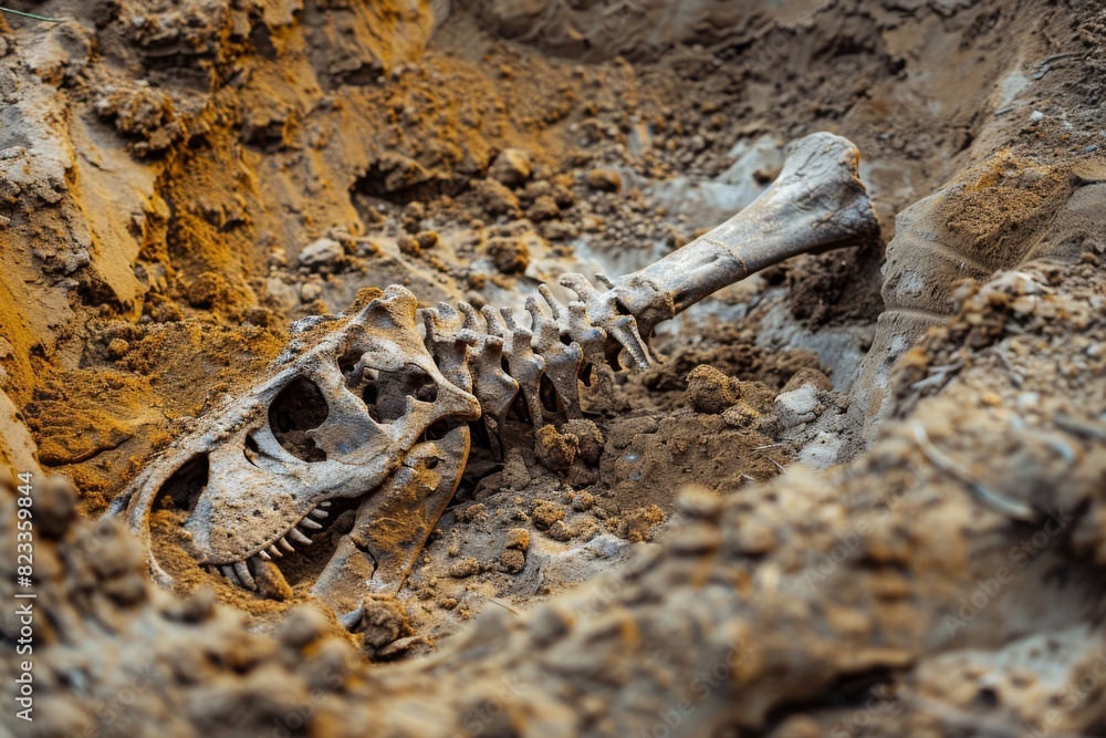 Poster the image presents an excavated dinosaur skeleton with a focus on its skull and neck vertebrae, embe