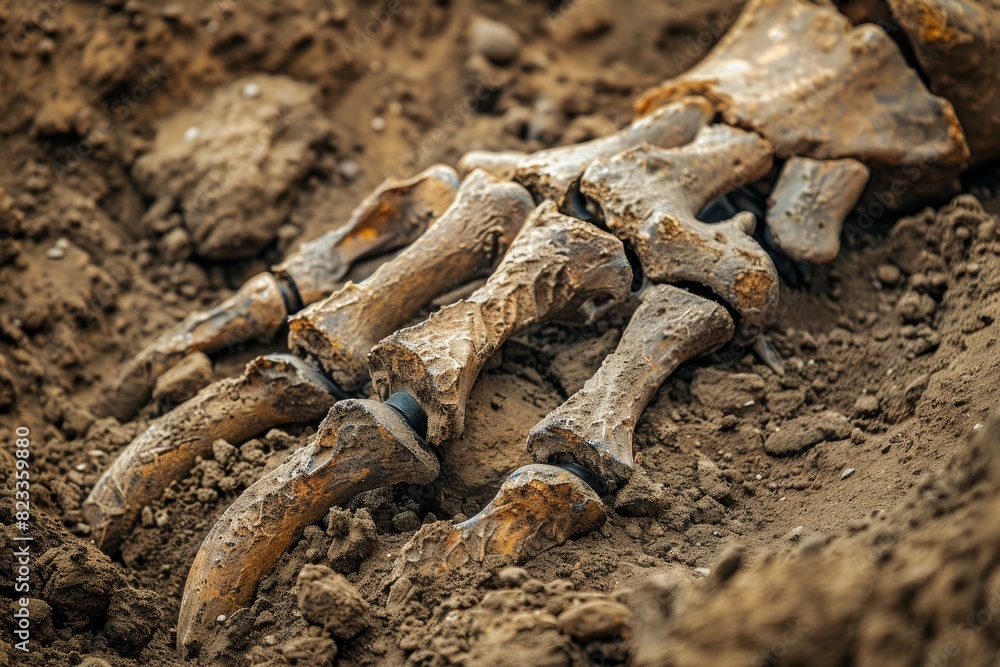 Poster the photo zooms in on the fossilized leg bones of a dinosaur, showcasing their texture and the surro