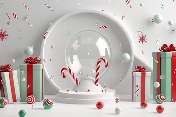 Merry Christmas and Happy New Year. Podium studio with gifts, boxes, Christmas decoration.Holidays composition. Template. 3d render