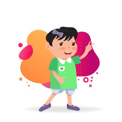 Happy girl in green dress showing V sign. Little kid with victory gesture. Childhood concept. Vector illustration can be used for topics like leisure activity, success