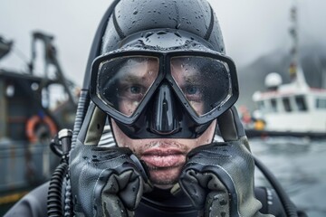 This high-resolution photo depicts a diver wearing a neoprene suit and diving mask, prepared for a cold-water dive