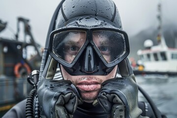 Fototapeta premium This high-resolution photo depicts a diver wearing a neoprene suit and diving mask, prepared for a cold-water dive