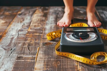 Overweight girl using scales near measuring tape on wooden floor, closeup
