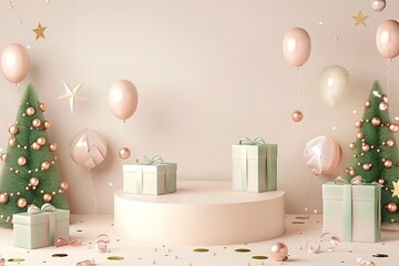 Merry Christmas and Happy New Year. Podium studio with gifts, boxes, Christmas decoration.Holidays composition. Template. 3d render