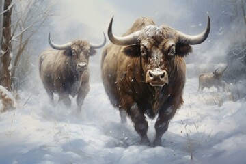 Naklejka premium Frosty Two bulls in wintertime. Wildlife powerful bison animal in snowfall. Generate ai