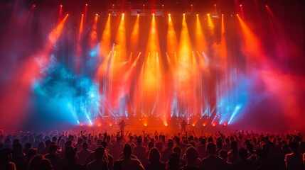 A vibrant live concert scene with colorful stage lights and a crowd of music fans enjoying the event