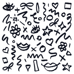 Set of doodle abstract chalk, crayon pencil hand drawn scribble shapes isolated on white background. Vector watercolor graffiti trendy design elements