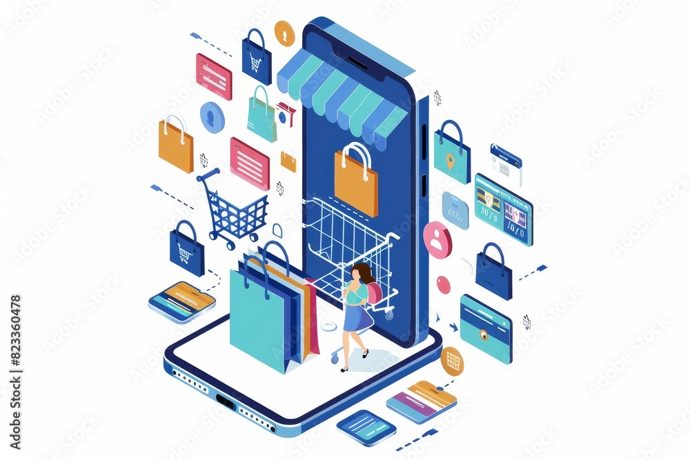 Poster isometric illustration of a mobile shopping platform with various digital devices and secure online 