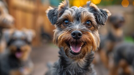A close-up of a Yorkshire terrier with a playful expression and a blurry background of similar dogs