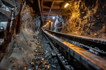 Obraz premium Empty tunnel, post-apocalyptic shelter, rails going into darkness conveyor belt in underground coal mine