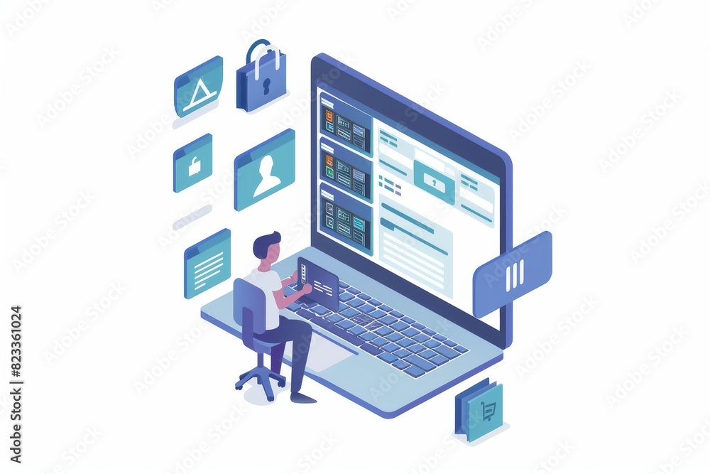 Poster playful illustration of a secure digital shopping interface with various e commerce elements and sec