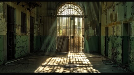 Abandoned prison interior with sunlight streaming through a gate