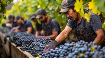 Agricultural workers inspect grapes on a vineyard table, surrounded by lush grapevines