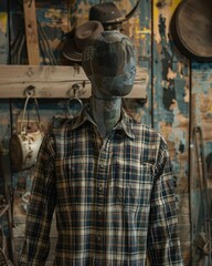 Mannequin in Plaid Shirt Against Rustic Backdrop

