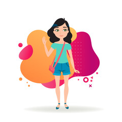 Pretty young girl waving hand. Female teenager in T-shirt and shorts greeting her friends. Woman and fashion concept. Vector illustration can be used for topics like friendship, greeting, lifestyle