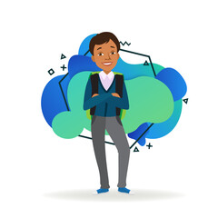 Schoolboy in school uniform and with backpack. Happy boy standing with crossed hands. Back to school concept. Vector illustration can be used for topics like school, education, childhood