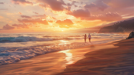 A serene beach sunset with a couple walking hand in hand along the shore, the sky ablaze with orange and pink hues, gentle waves lapping at their feet, photorealisticHighly detailed photography