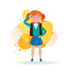Schoolgirl waving hand. Red-haired girl in school uniform and with backpack greeting her friends. School and education concept. Vector illustration can be used for topics like friendship, childhood