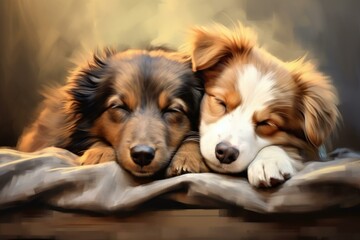 Peaceful Two dogs sleeps together. Funny pet love. Generate Ai