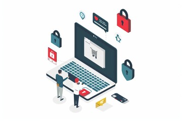 Vibrant illustration of a digital storefront with a large screen and various shopping elements