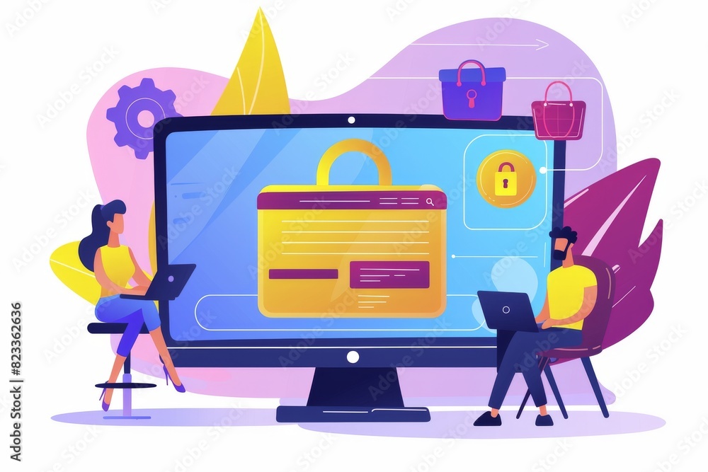 Aufkleber playful illustration of a secure digital shopping interface with various e commerce elements and sec