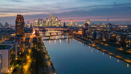 Fototapeta premium Aerial view of Frankfurt am Main cityscape in Germany at sunset