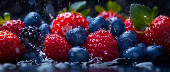 Vibrant mixed berries with splashing water against a dark background showcasing freshness.