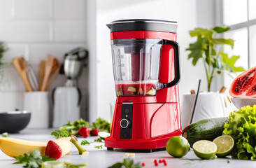 A red blender with fruits and vegetables inside