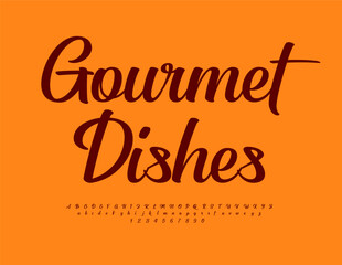 Vector trendy logo Gourmet Dishes. Beautiful Cursive Font. Modern Alphabet Letters and Numbers set.