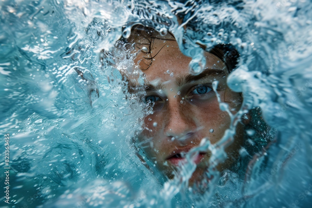 Poster a dynamic underwater scene with a blurred section, encapsulating the fluidity of water