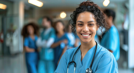 Smiling healthcare professional in scrubs with colleagues background
