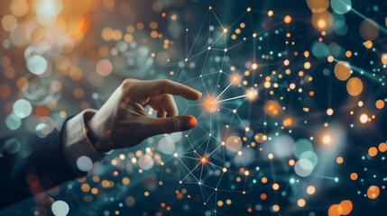 A man is drawing a line on a computer screen. Concept of creativity and innovation, as the man is using technology to create something new. The blue and white colors of the image also give it a modern