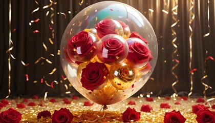 disposable photography of huge transparent balloon, which filled with roses with confetti