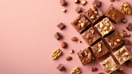 Assorted chocolate pieces with nuts on pink background