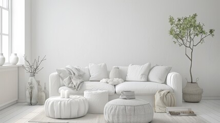 A white living room with a couch, potted plants, and vases