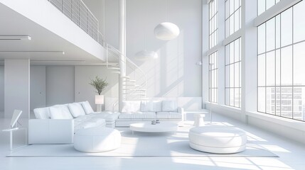 A white living room with a couch, potted plants, and vases