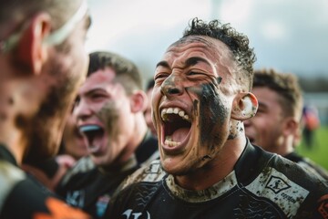 Close-up of a passionate rugby player performing the haka with intense expression and warrior paint