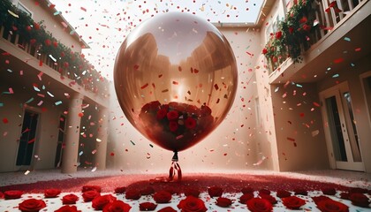 disposable photography of huge transparent balloon, which filled with roses with confetti