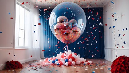 disposable photography of huge transparent balloon, which filled with roses with confetti